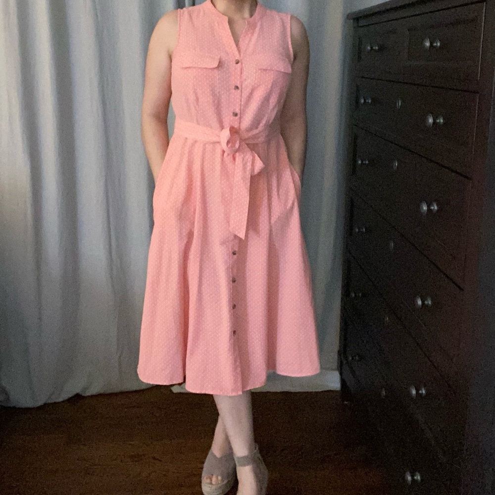 Midi dress sleeveless button down shirtdress Croft & BarrowY-Neck coral pink M